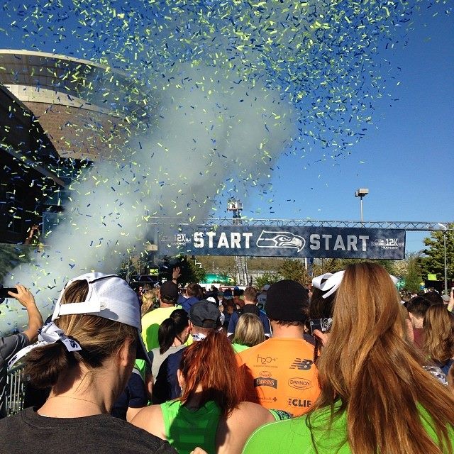 The back of my head and Mel's head at the start of the Seahawks 12K.