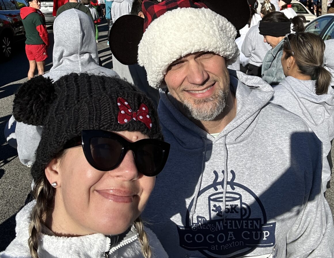 The author and her husband take a selfie at the Cocoa Cup 5K in Summerville, SC, in December.